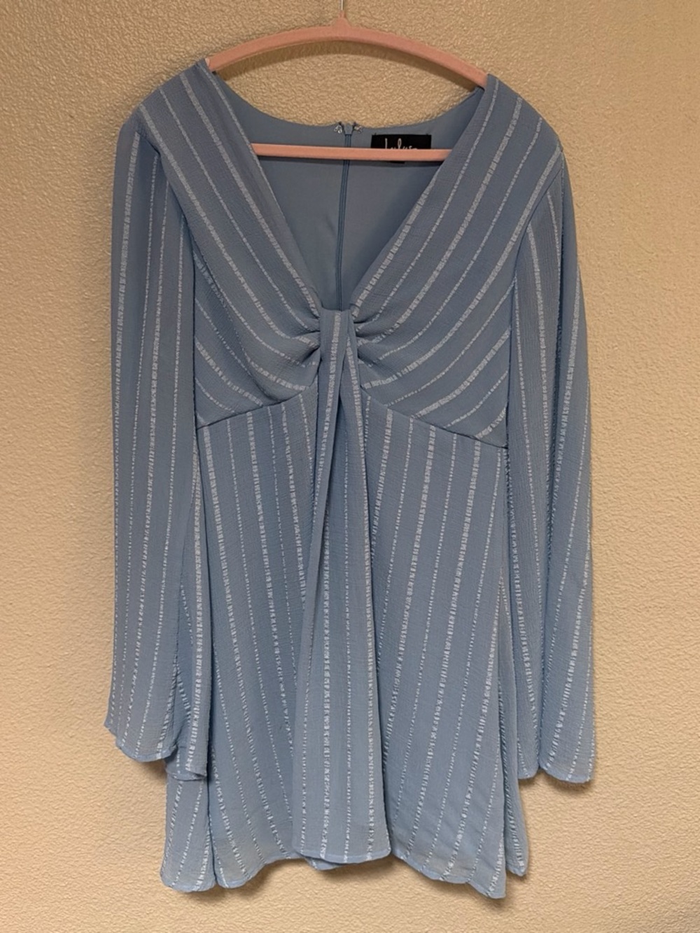 Lulu's Light Blue Tie-Front Long Sleeve Tunic with Metallic Stripe